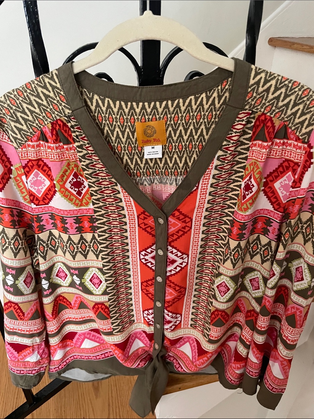 Ruby Rd. Olive, Pink and Red Boho Print Tie-Front Blouse